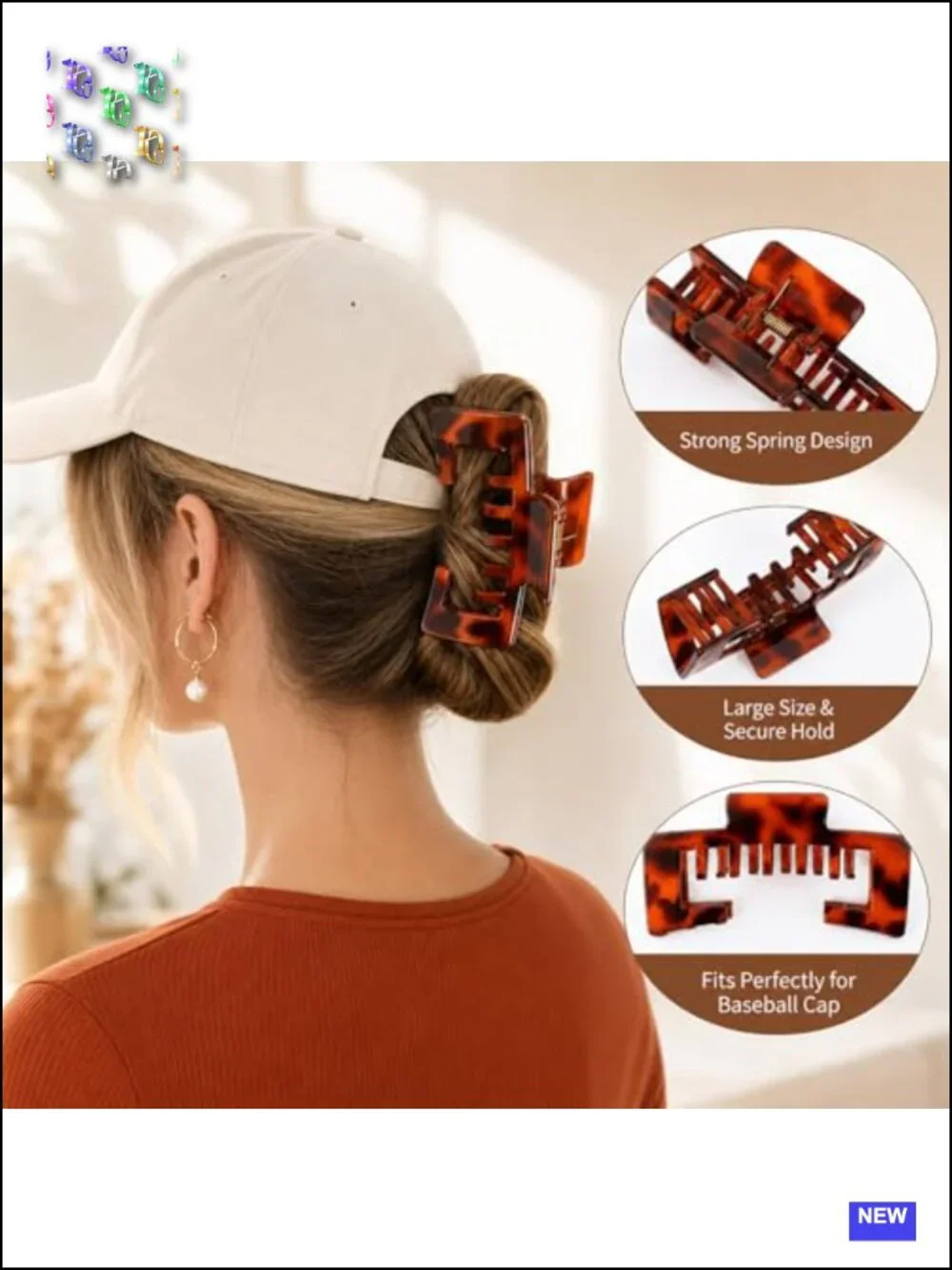 6PCS Large Hat Hair Claw Clips Set with Double-Tooth Hollow Design for Baseball